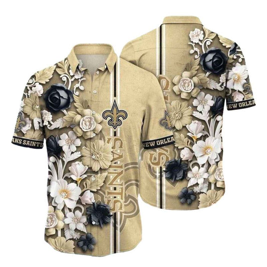 Black And Gold Floral New Orleans Saints Fan Hawaiian Shirt - Moonbestprint
