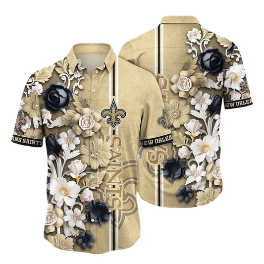 Black And Gold Floral New Orleans Saints Fan Hawaiian Shirt - Moonbestprint