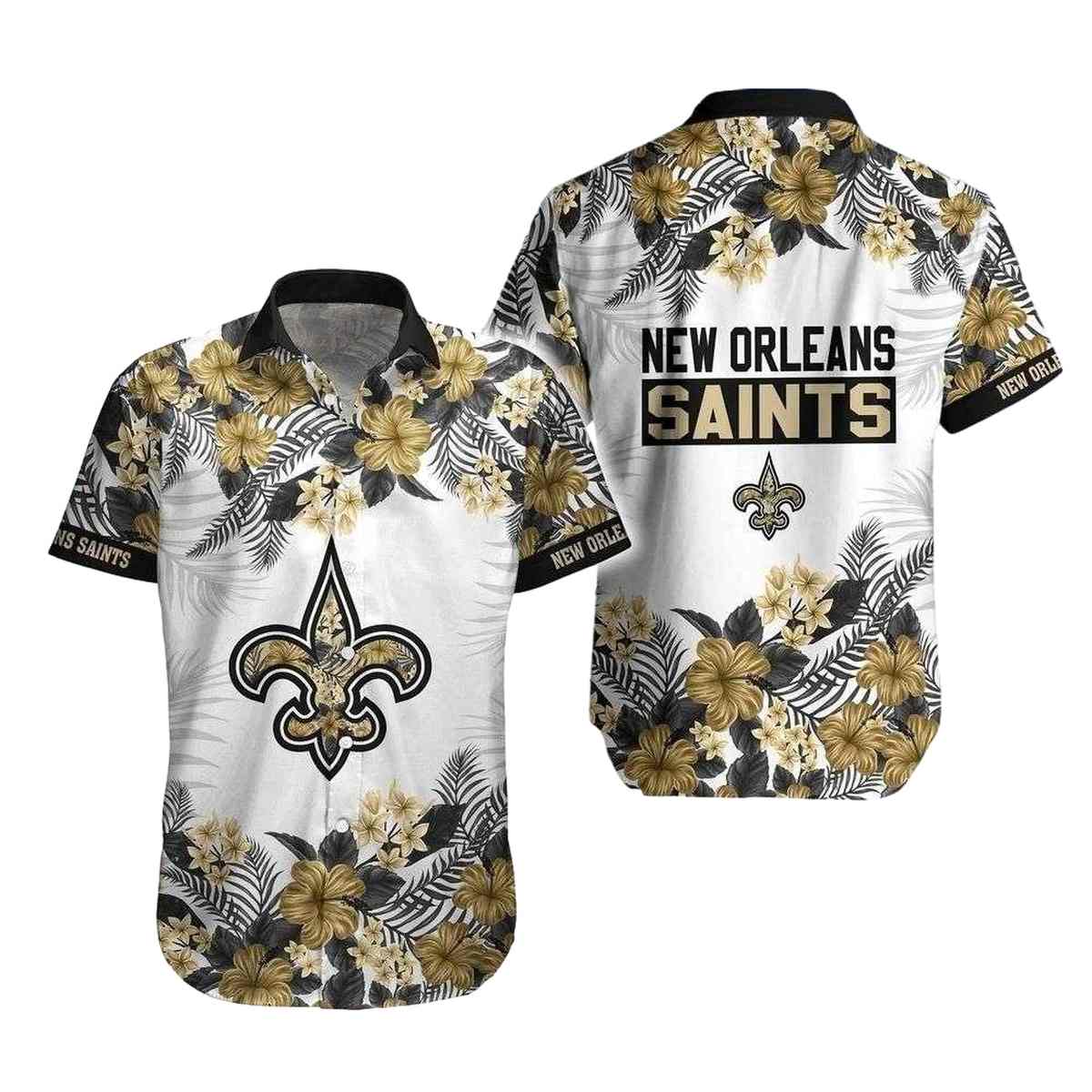 Black And Gold Floral New Orleans Saints Tropical Hawaiian Shirt - Moonbestprint
