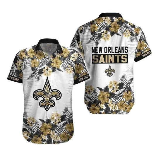 Black And Gold Floral New Orleans Saints Tropical Hawaiian Shirt - Moonbestprint