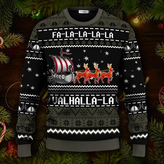 Black Falalalala Valhallala Viking Ships Viking Ugly Christmas Sweater Moonbestprint