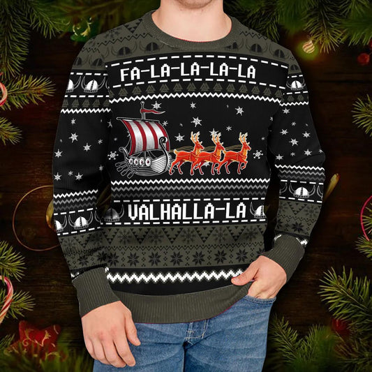 Black Falalalala Valhallala Viking Ships Viking Ugly Christmas Sweater Moonbestprint