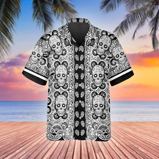 Black Pattern Color Skull Hawaiian Shirt, Hawaiian Button Up Shirt, Tropical Shirts For Men Moonbestprint