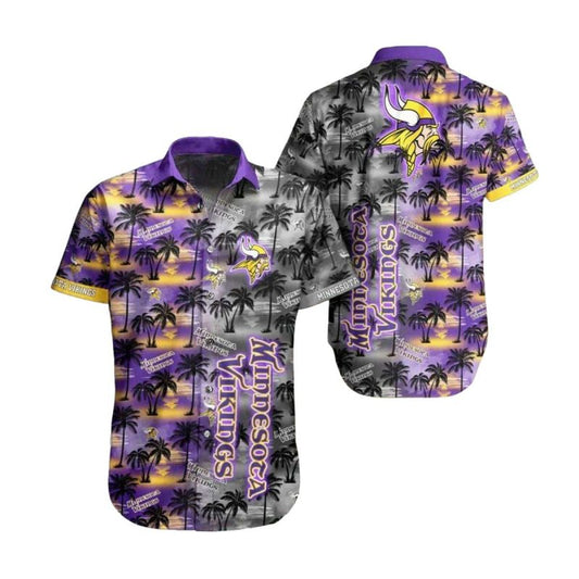 Black Purple Palm Tree Sunset Minnesota Vikings Hawaiian Shirt - Moonbestprint