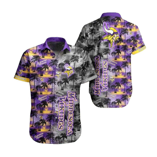 Black Purple Palm Tree Sunset Minnesota Vikings Hawaiian Shirt - Moonbestprint