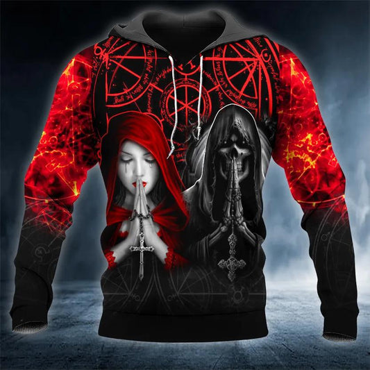 Black Red Gothic Prayer Skull 3D Hoodie Moonbestprint
