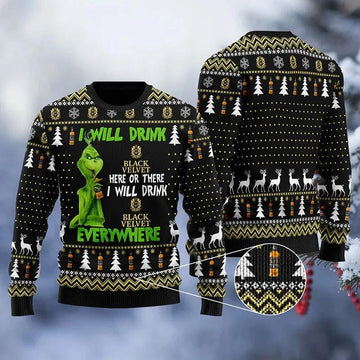 Black Velvet Grinch Will Drink Everywhere Ugly Sweater, Grinch Holiday Sweater Moonbestprint
