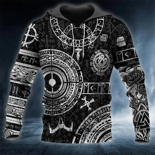 Black White Norse Runes Viking Tattoo 3D Hoodie Moonbestprint