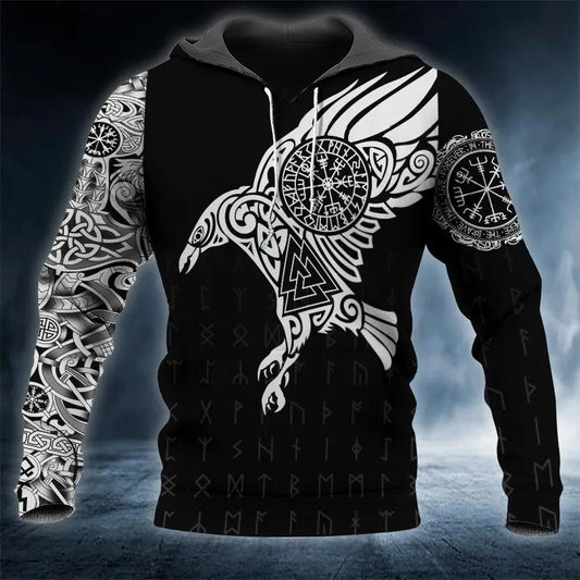 Black White Viking Raven Tattoo 3D Hoodie Moonbestprint