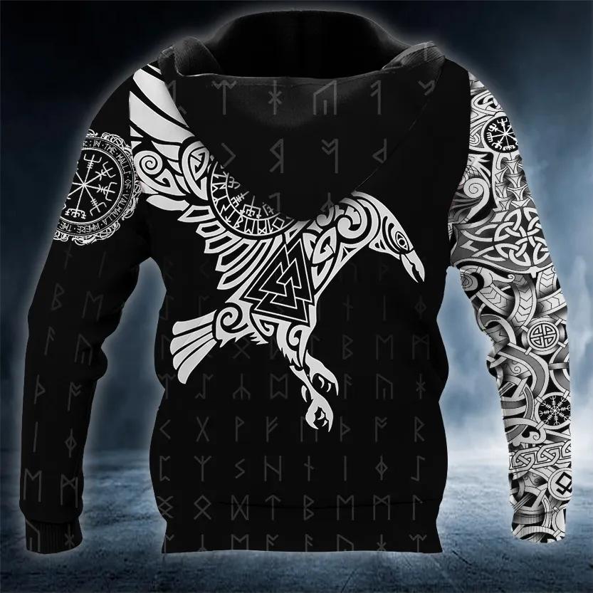 Black White Viking Raven Tattoo 3D Hoodie Moonbestprint