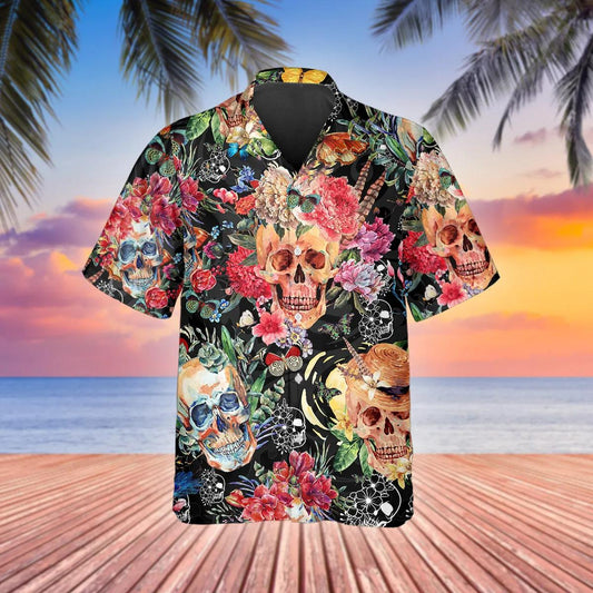 Blossom Flower Skull Hawaiian Shirt, Hawaiian Button Up Shirt, Tropical Shirts For Men Moonbestprint