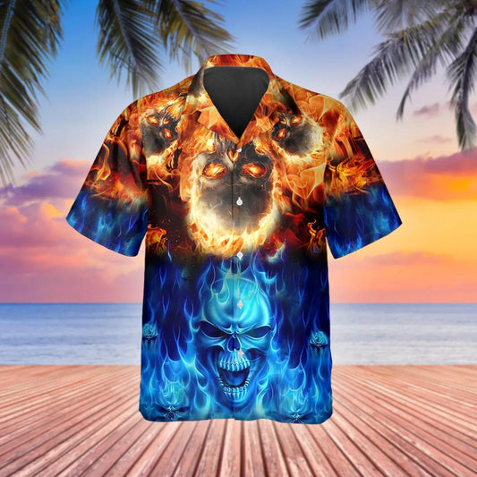 Blue Fire Skull Hawaiian Shirt, Hawaiian Button Up Shirt, Tropical Shirts For Men Moonbestprint