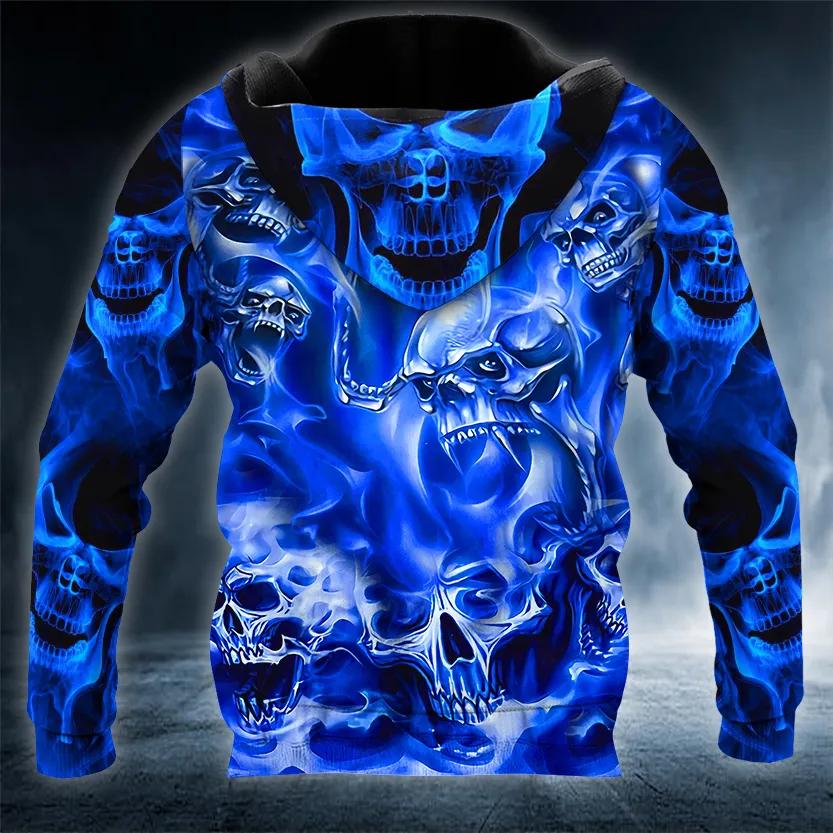 Blue Flame Pile Skull 3D Hoodie Moonbestprint