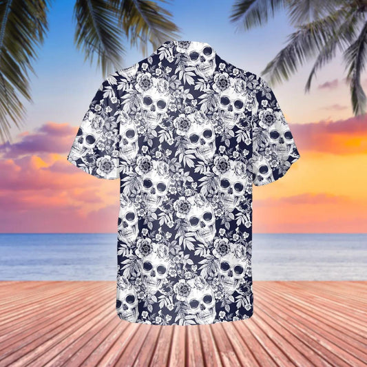 Blue Floral Skull Hawaiian Shirt, Hawaiian Button Up Shirt, Tropical Shirts For Men Moonbestprint