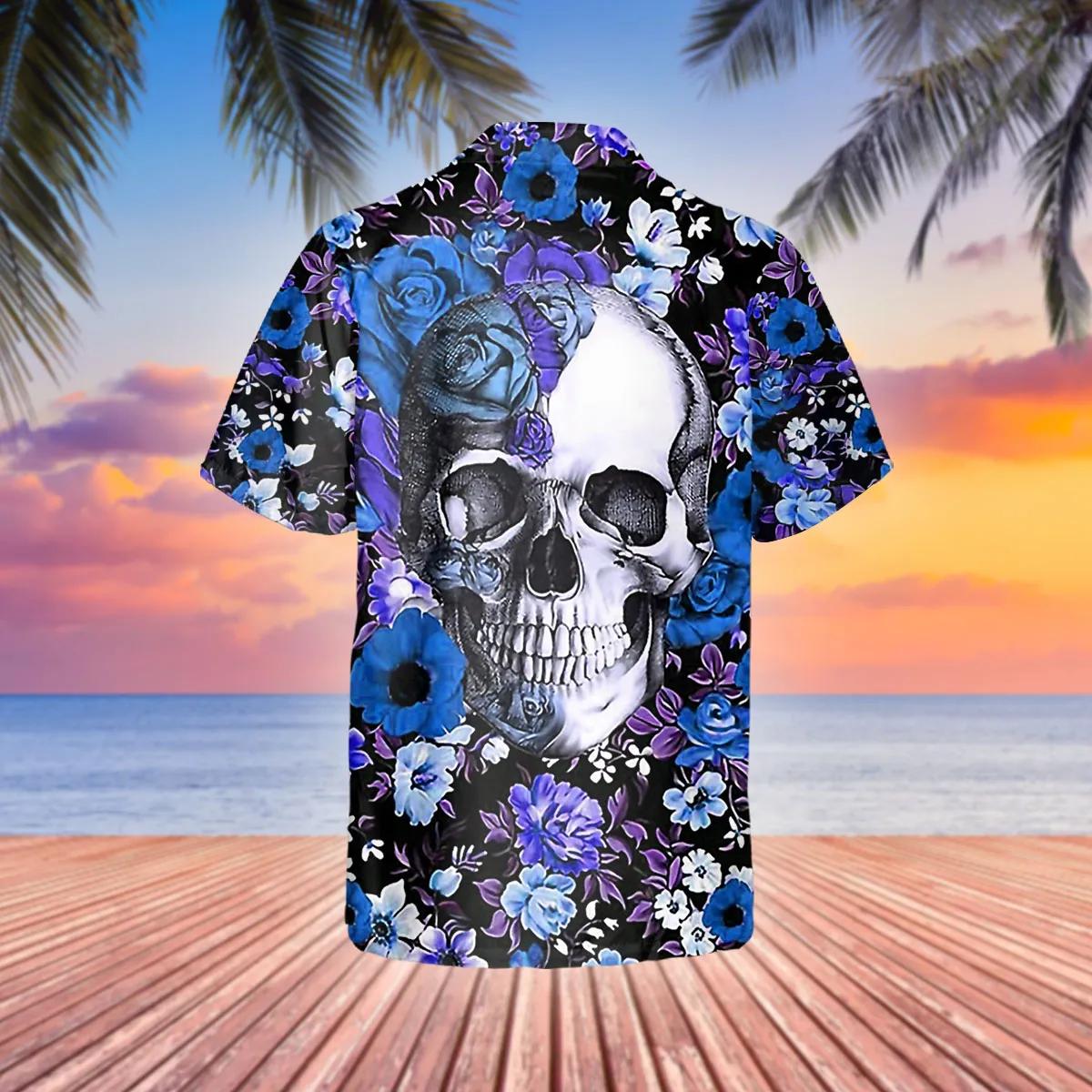 Blue Happy Summer Flowers Grinning Skull Hawaiian Shirt, Hawaiian Button Up Shirt, Tropical Shirts For Men Moonbestprint