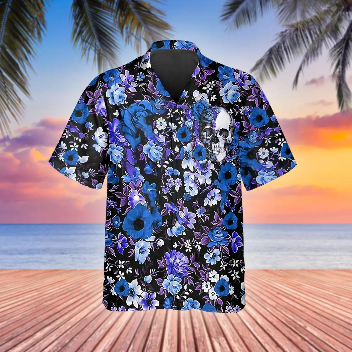 Blue Happy Summer Flowers Grinning Skull Hawaiian Shirt, Hawaiian Button Up Shirt, Tropical Shirts For Men Moonbestprint