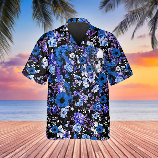 Blue Happy Summer Flowers Grinning Skull Hawaiian Shirt, Hawaiian Button Up Shirt, Tropical Shirts For Men Moonbestprint