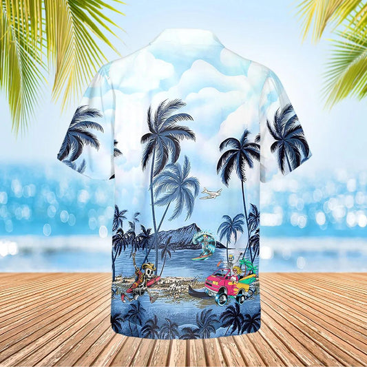 Blue Ocean Coconut Tree Skull Hawaiian Shirt, Hawaiian Button Up Shirt, Tropical Shirts For Men Moonbestprint
