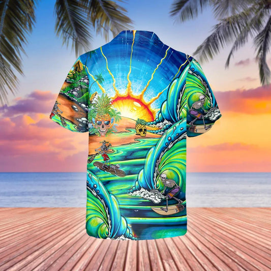 Blue Skull Tidal Wave Hawaiian Shirt, Hawaiian Button Up Shirt, Tropical Shirts For Men Moonbestprint