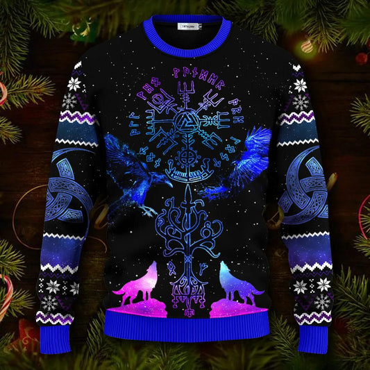 Blue Vegvisir Triple Horn Pattern Wolf Viking Ugly Christmas Sweater Moonbestprint