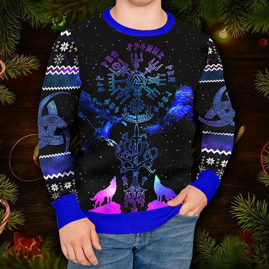Blue Vegvisir Triple Horn Pattern Wolf Viking Ugly Christmas Sweater Moonbestprint
