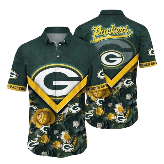 Bold Emblem Green Bay Packers With Golden Blooms Hawaiian Shirt - Moonbestprint