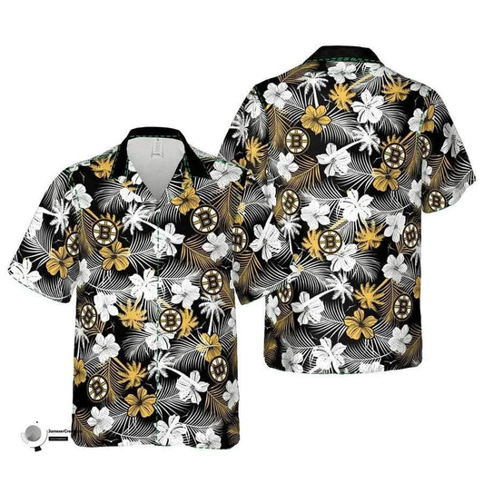 Boston Bruins Gold White Hibiscus Flowers Hawaiian Shirt, NHL Hawaiian Shirt Moonbestprint