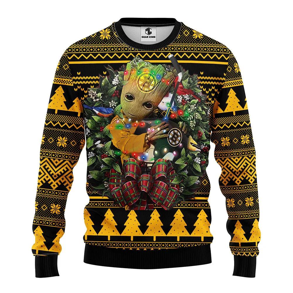 Boston Bruins Groot Hug Ugly Christmas Sweater, NHL Christmas Sweater Moonbestprint