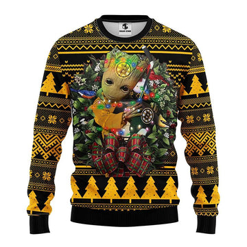 Boston Bruins Groot Hug Ugly Christmas Sweater, NHL Christmas Sweater Moonbestprint