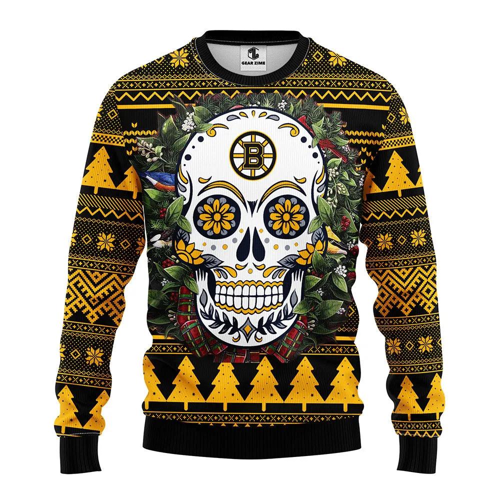 Boston Bruins Skull Flower Ugly Christmas Sweater, NHL Christmas Sweater Moonbestprint