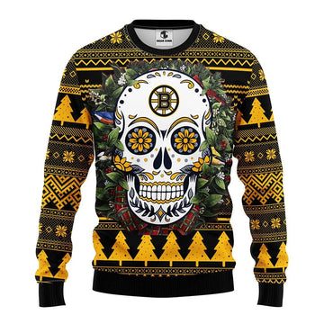 Boston Bruins Skull Flower Ugly Christmas Sweater, NHL Christmas Sweater Moonbestprint