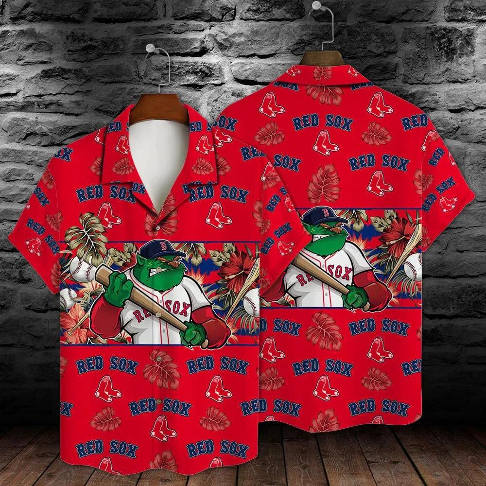 Boston Red Sox Mascot And Leaves Tropical Pattern Hawaiian Shirt, MLB Hawaiian Shirt Moonbestprint