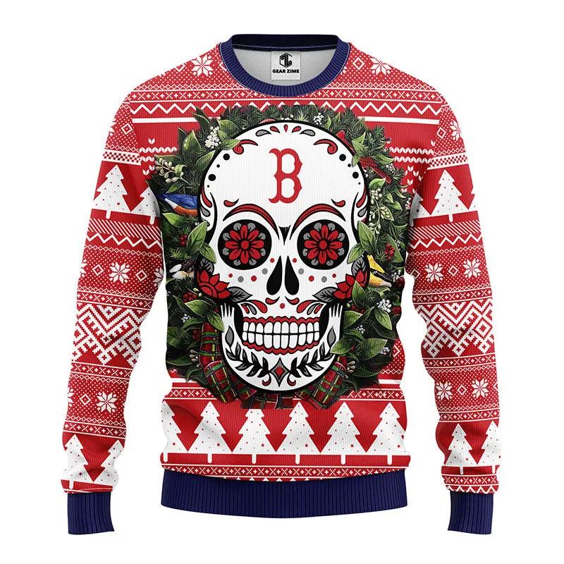 Boston Red Sox Skull Flower Ugly Christmas Sweater, MLB Christmas Sweater Moonbestprint