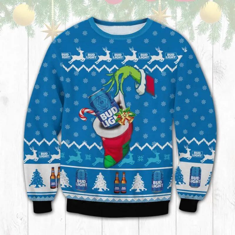 Bud Light Grinch Hand Ugly Sweater, Grinch Holiday Sweater Moonbestprint