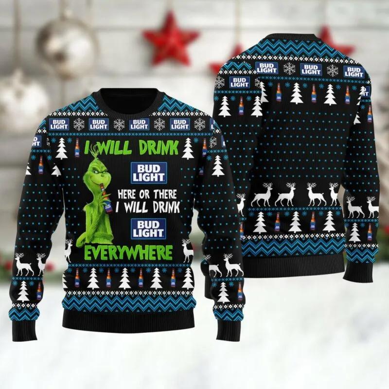 Bud Light Grinch Will Drink Everywhere Ugly Sweater, Grinch Holiday Sweater Moonbestprint