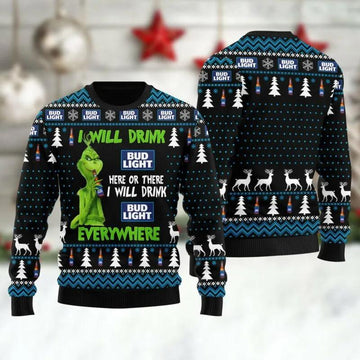 Bud Light Grinch Will Drink Everywhere Ugly Sweater, Grinch Holiday Sweater Moonbestprint