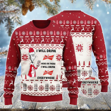 Budweiser Cat Hat Will Drink Everywhere Ugly Sweater – Moonbestprint