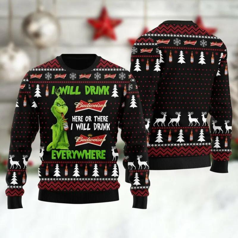 Budweiser Grinch Will Drink Everywhere Ugly Sweater, Grinch Holiday Sweater Moonbestprint