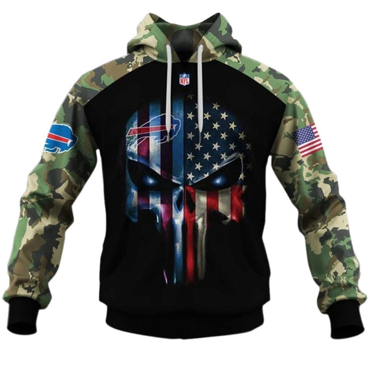 Buffalo Bills Army Camouflage American Flag Punisher Skull AOP Hoodie -  Moonbestprint