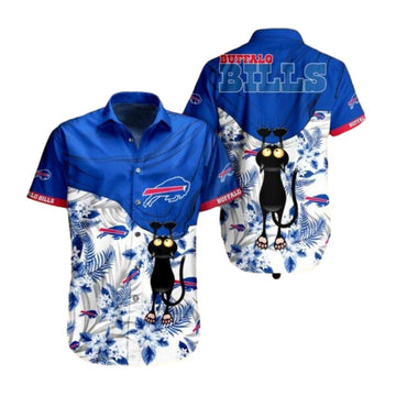 Buffalo Bills Blue Floral And Funny Black Cat Hawaiian Shirt - Moonbestprint