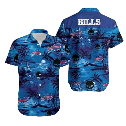 Buffalo Bills Blue Skull And Palm Tree Design Hawaiian Shirt - Moonbestprint