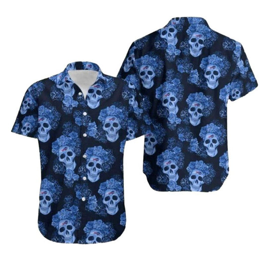 Buffalo Bills Blue Skull And Roses Pattern Hawaiian Shirt - Moonbestprint