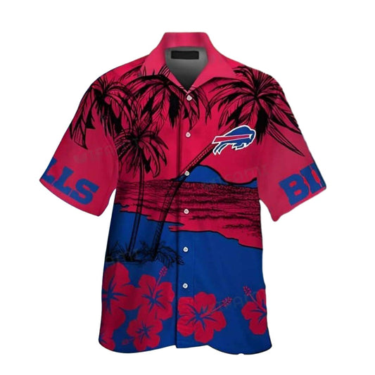 Buffalo Bills Coconut Tree And Hibiscus Red And Blue Hawaiian Shirt - Moonbestprint