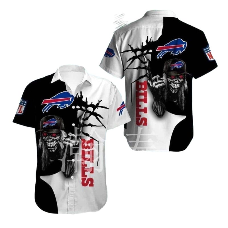 Buffalo Bills Iron Skull Black And White Hawaiian Shirt - Moonbestprint