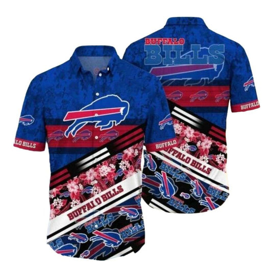 Buffalo Bills Logo And Red Hibiscus Retro Pattern Hawaiian Shirt - Moonbestprint