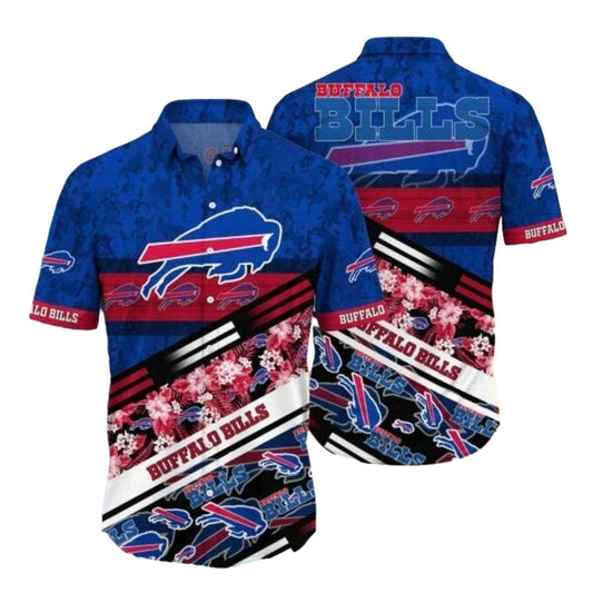 Buffalo Bills Logo And Red Hibiscus Retro Pattern Hawaiian Shirt - Moonbestprint