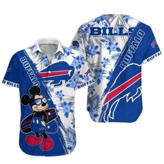 Buffalo Bills Mickey Surfing Blue And Tropical Pattern Hawaiian Shirt - Moonbestprint