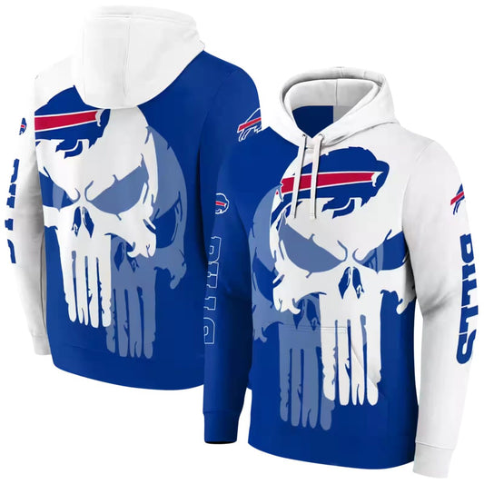 Buffalo Bills Punisher Skull Blue White AOP Hoodie -  Moonbestprint
