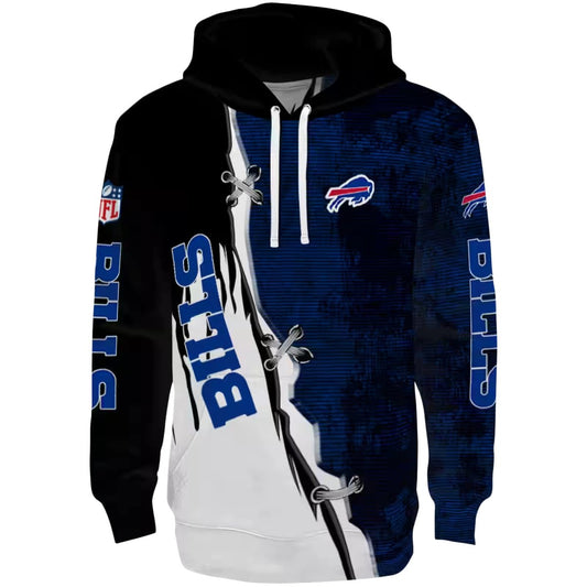 Buffalo Bills Ripped Pattern Blue Black White AOP Hoodie -  Moonbestprint