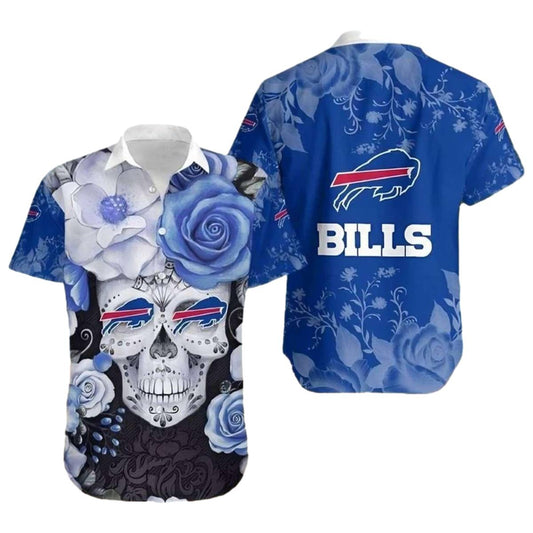 Buffalo Bills Skull Blue Floral Hawaiian Shirt - Moonbestprint